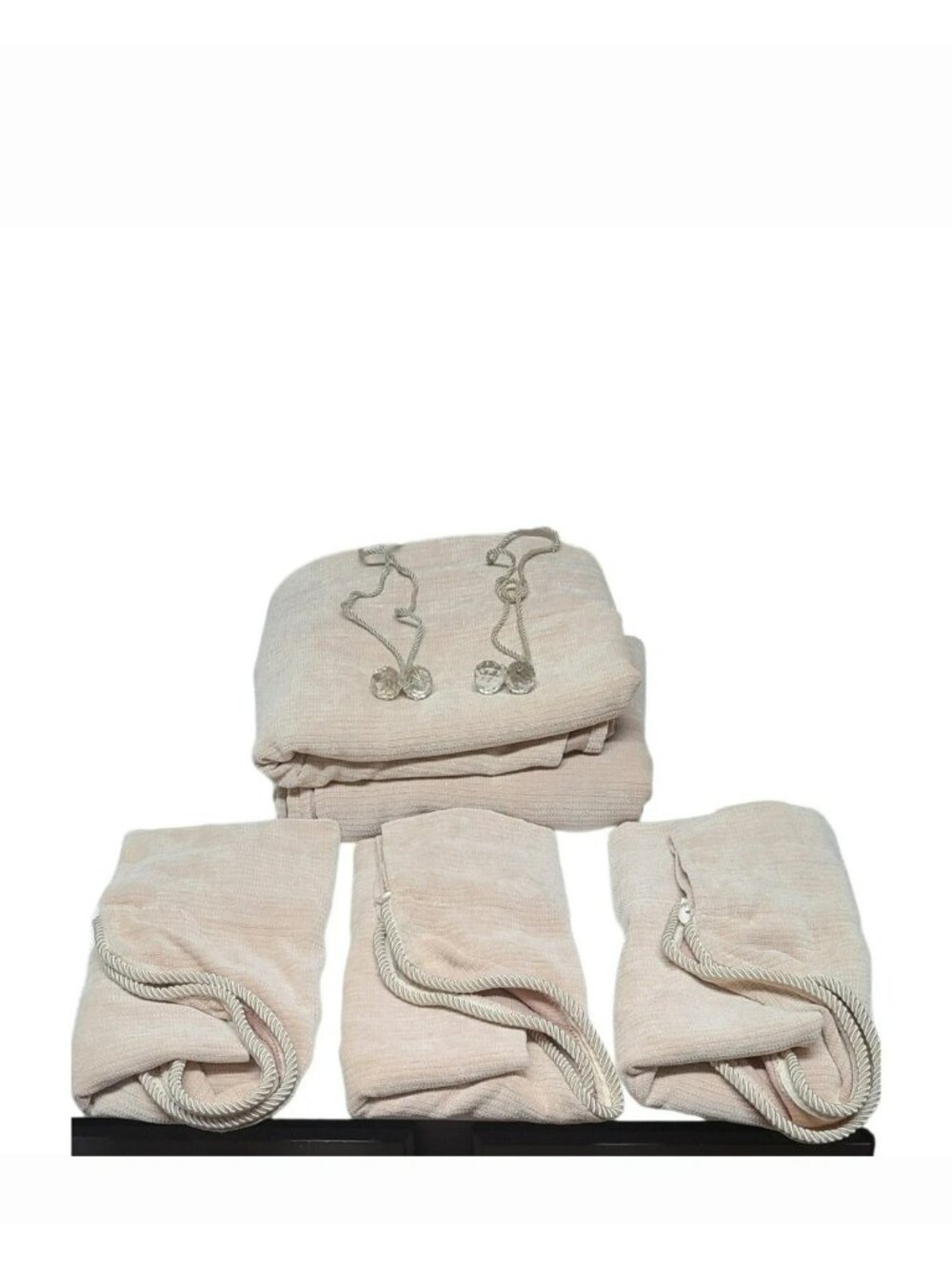 Vintage Beige Corduroy 5 piece Ascot Valance Panels & Double Rod Curtain Set